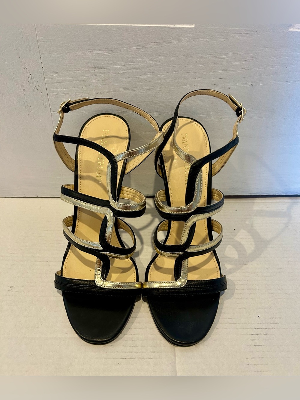 Ivanka Trump Black and Gold Strappy Heeled Sandals